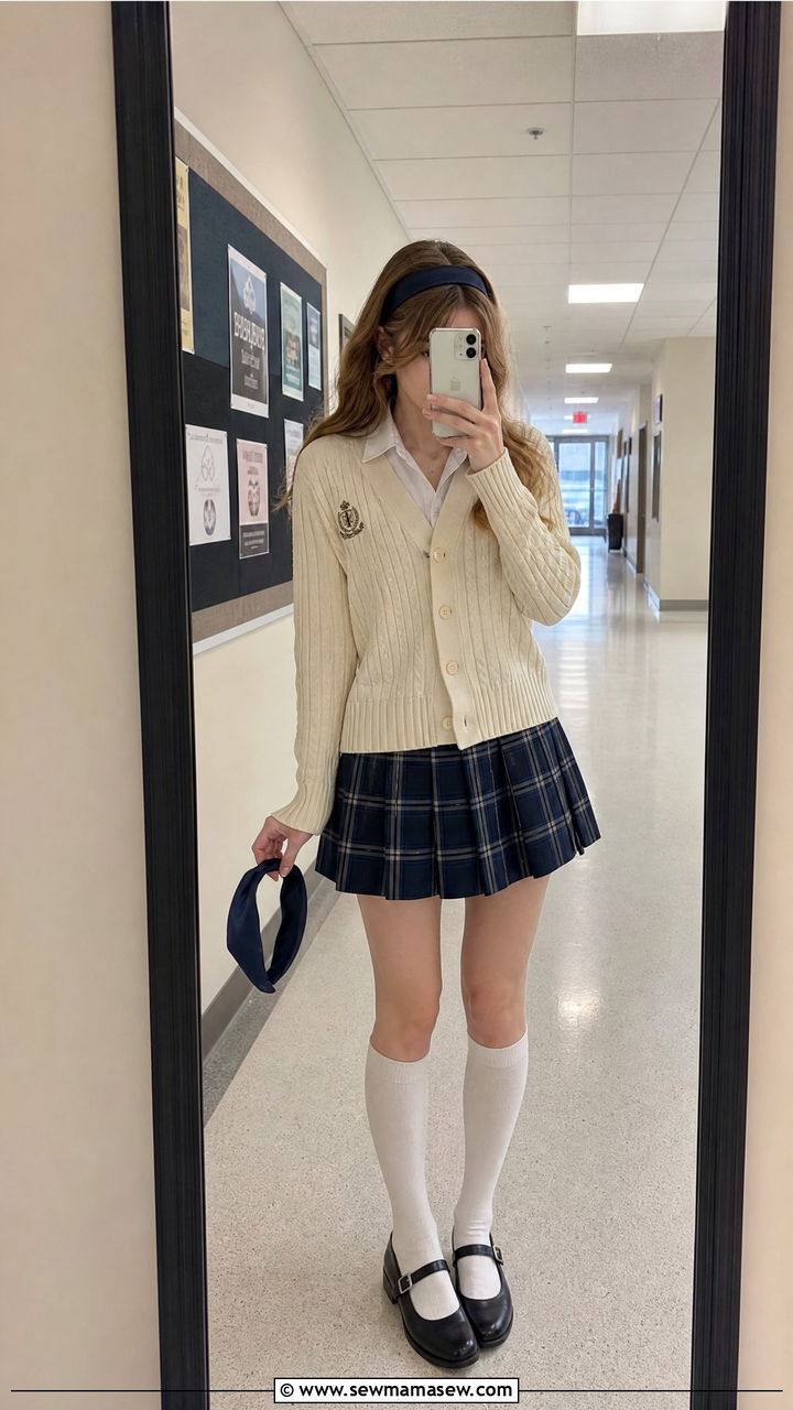 First day of school outfit with plaid skirt and cardigan - 25 First day of school photo outfit ideas