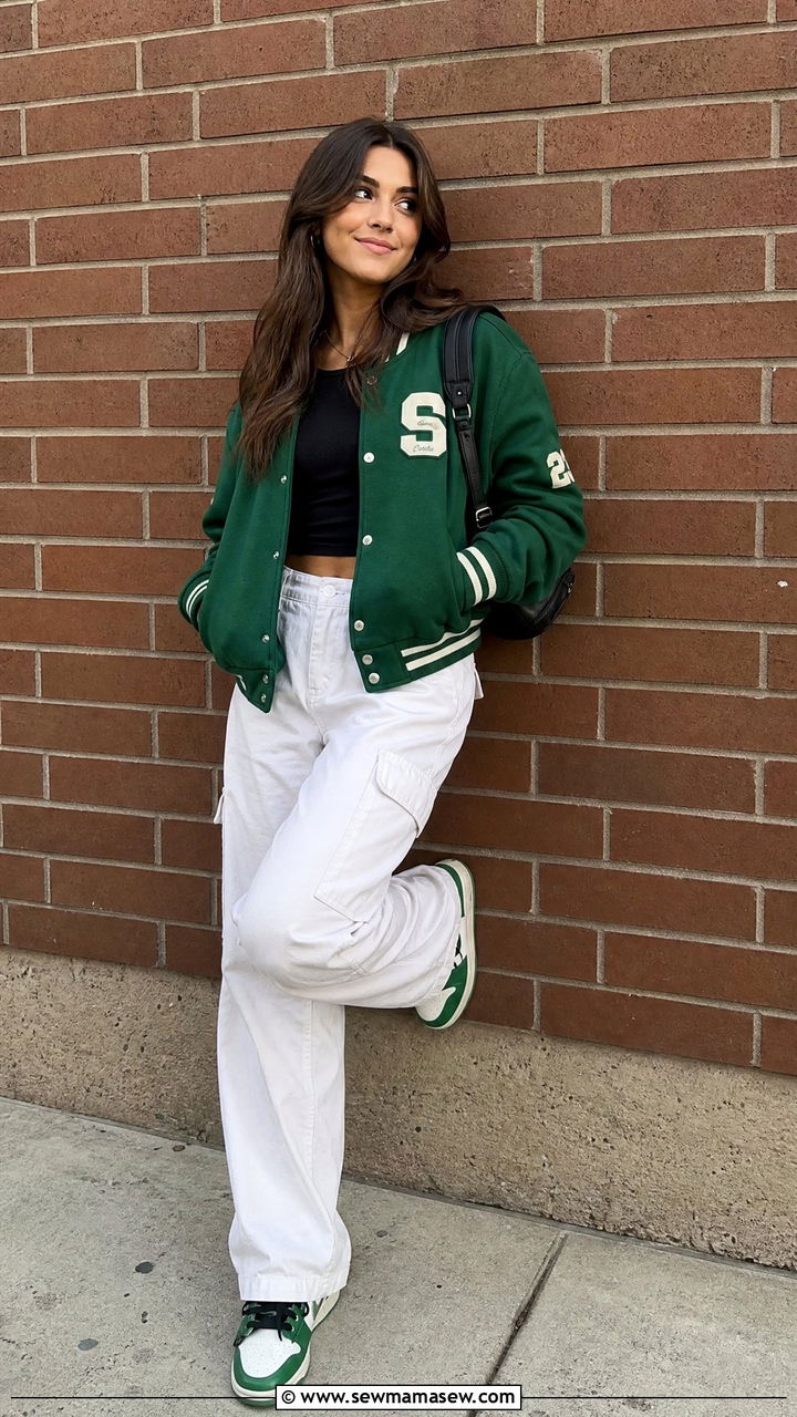 First day of school outfit with varsity jacket and cargo pants - 25 First day of school photo outfit ideas