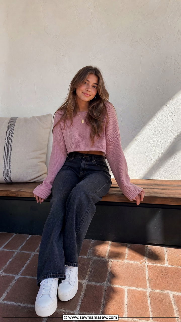 First day of school outfit with wide leg jeans and a cropped sweater - 25 First day of school photo outfit ideas