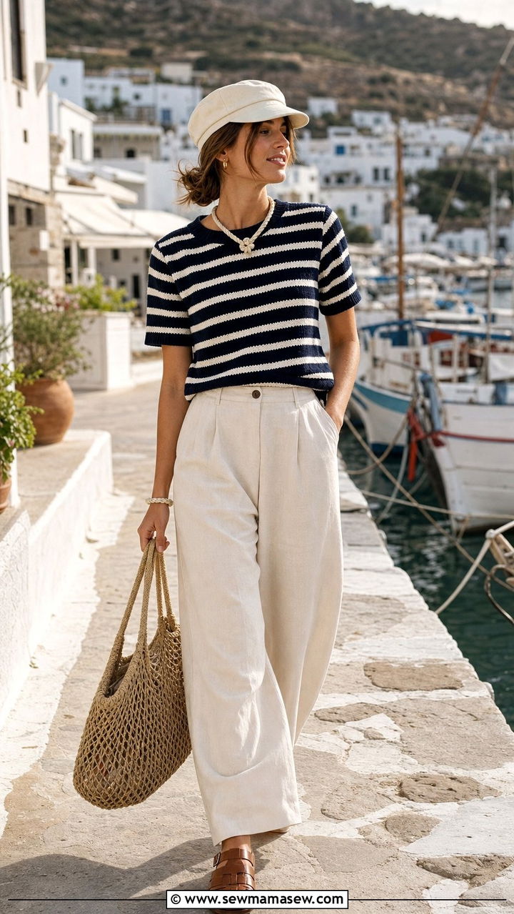 Fisherman Aesthetic with Striped Top and Woven Sandals - 25 summer outfit ideas trends