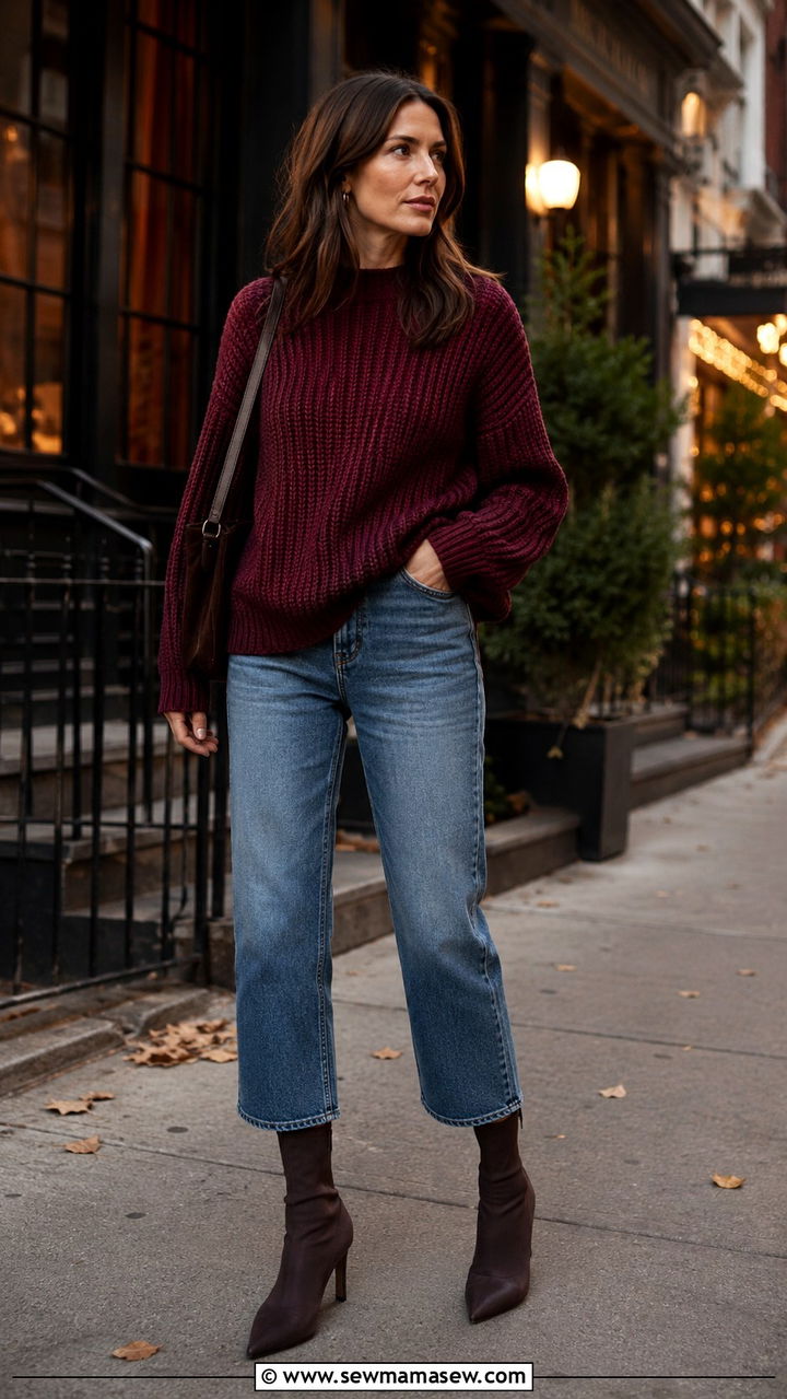 Fisherman Rib Sweater with Cropped Jeans and Ankle Boots - 30 Oversized sweater with jeans outfit ideas
