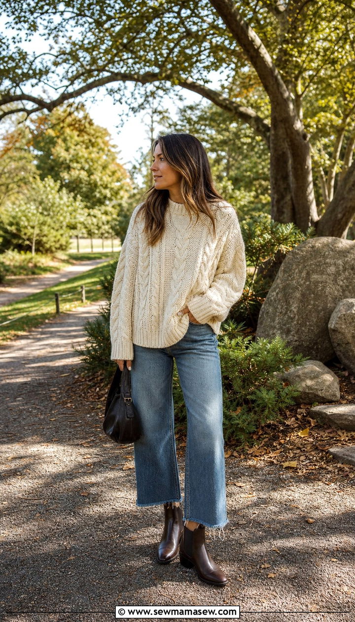 Fisherman Sweater Wide Leg Cropped Jeans Outfit - 35 Boston outfit ideas