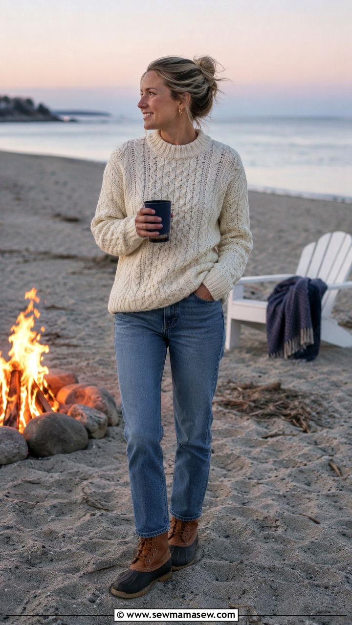 Fisherman Sweater With Denim And Bean Boots - 30 Old money outfit ideas for Nantucket