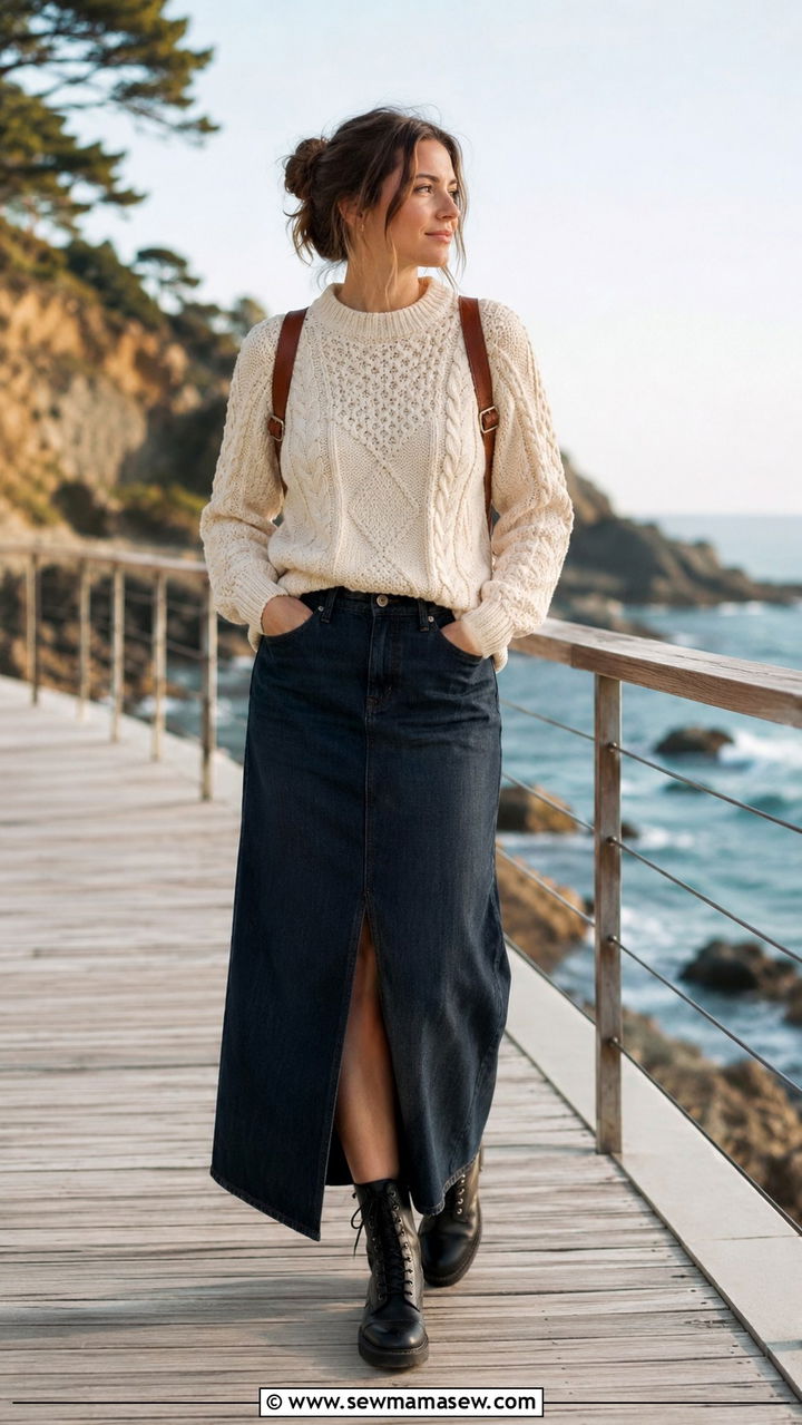 Fisherman Sweater With Denim Maxi Skirt - 30 Maxi skirt outfit ideas with a sweater