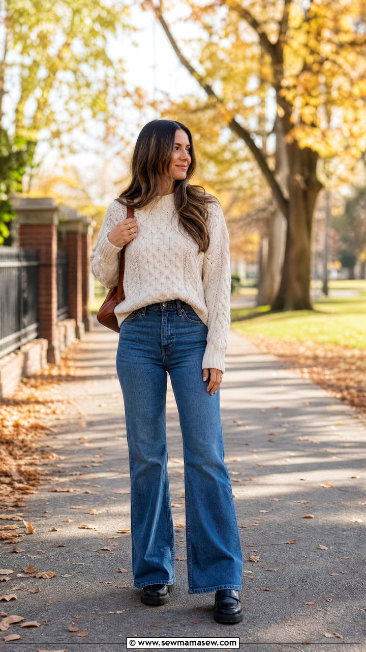 Fisherman Sweater With Flare Jeans And Lug Sole Loafers - 30 Flare jeans outfit ideas with a sweater
