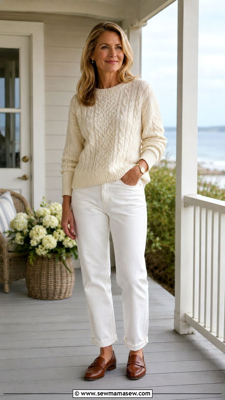 Fisherman Sweater With Relaxed White Jeans And Loafers - 20 Spring coastal grandmother outfits 2026