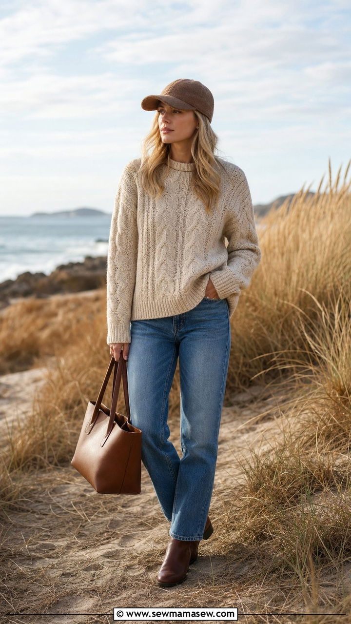 Fisherman Sweater With Straight Leg Jeans - 25 coastal grandmother outfits inspo
