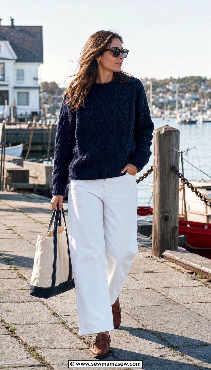 Fisherman Sweater With White Wide Leg Jeans - 25 Coastal granddaughter outfit ideas