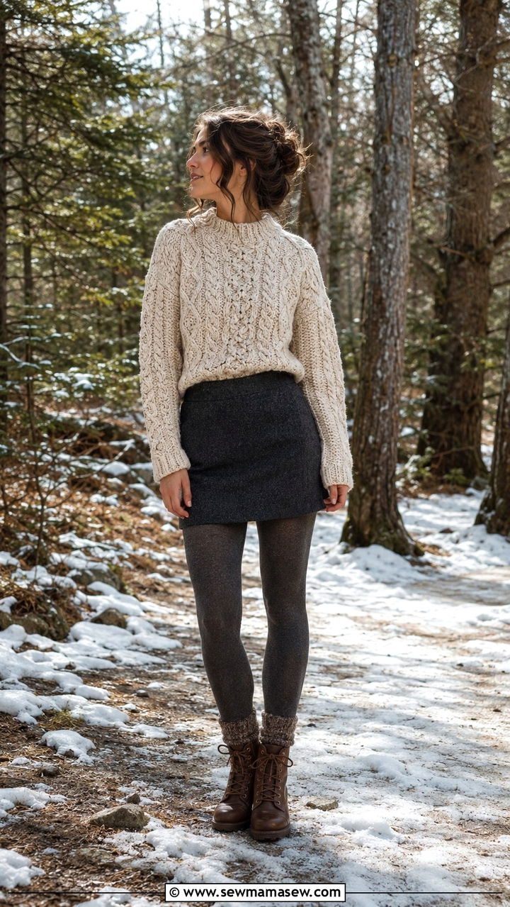 Fisherman Sweater With Wool Mini Skirt And Hiking Boots - 30 Mini skirt outfit ideas with a sweater