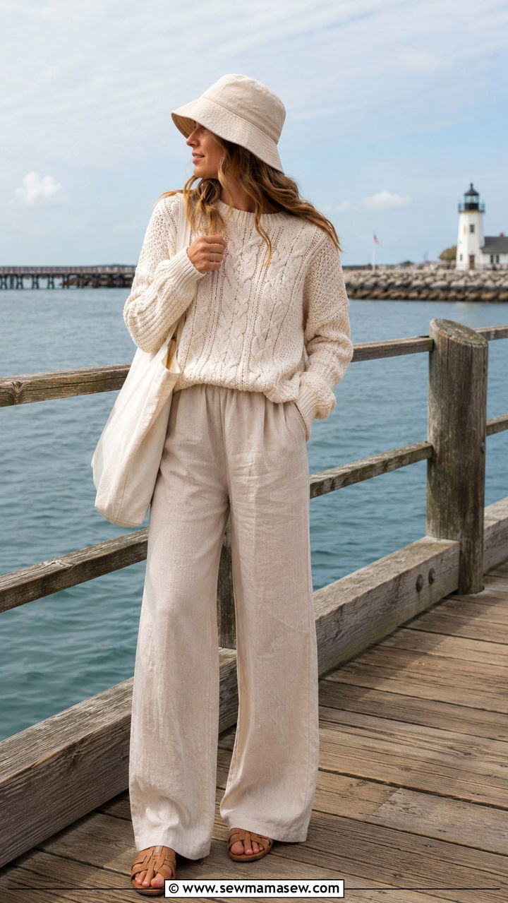 Fisherman aesthetic cable knit sweater and linen trousers with sandals - 20 cute Pinterest outfits