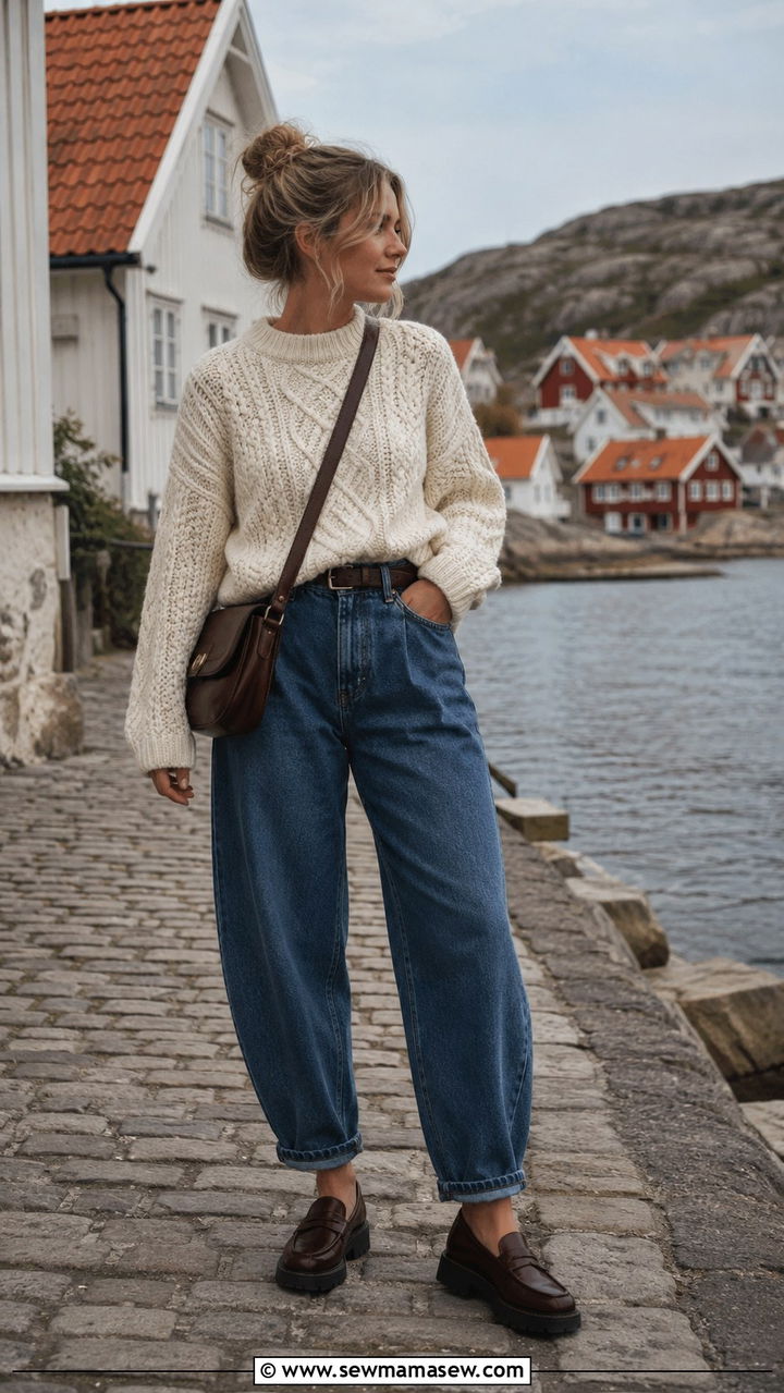 Fisherman sweater and barrel leg jeans - 30 Danish cozy outfit ideas