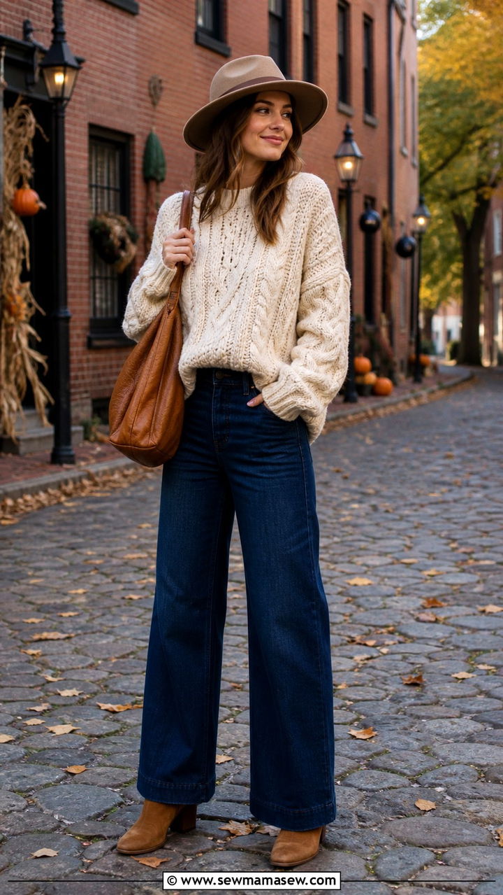 Fisherman sweater with wide leg jeans and suede boots - 40 What to wear in Boston
