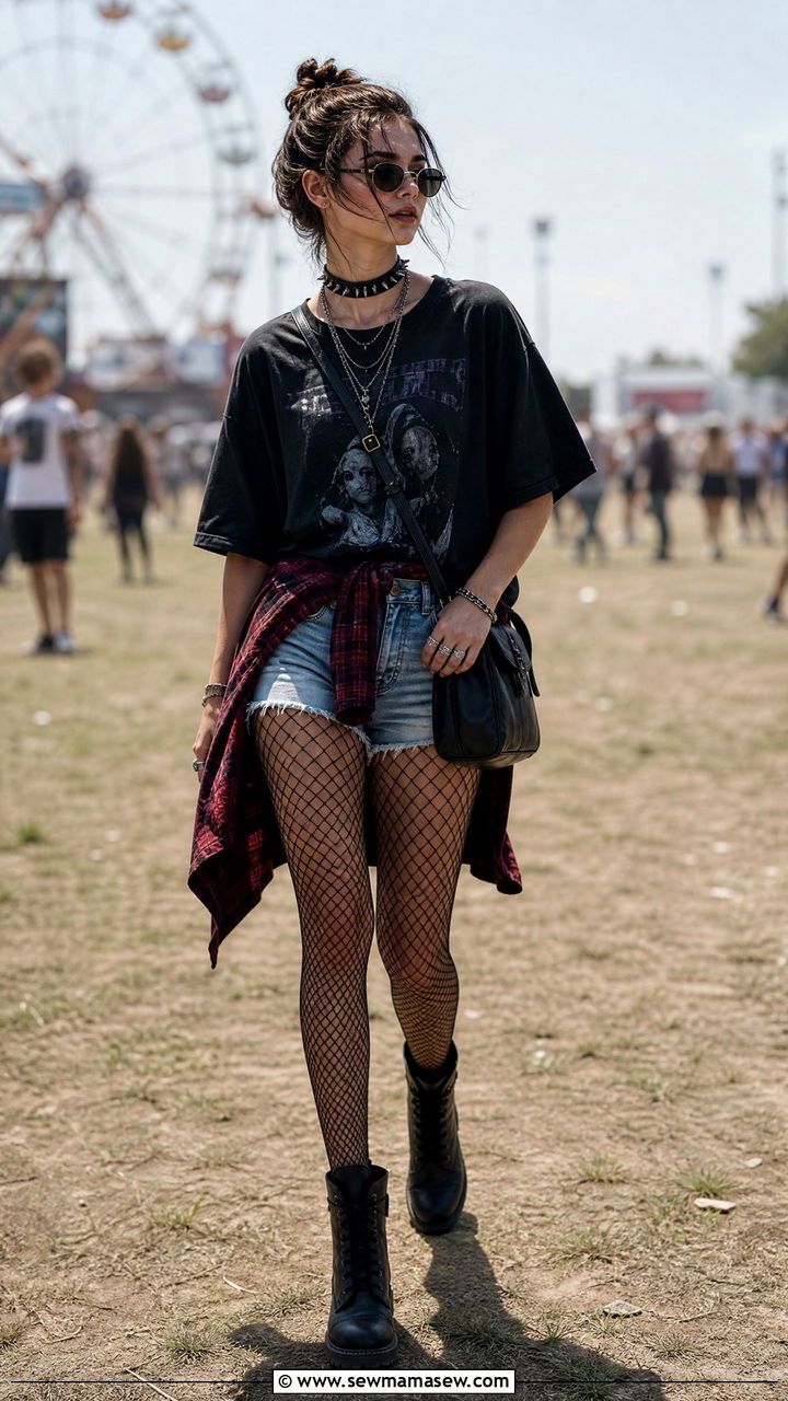 Fishnet Tights And Denim Cutoffs Layered Look - 25 Grunge outfit ideas 2026