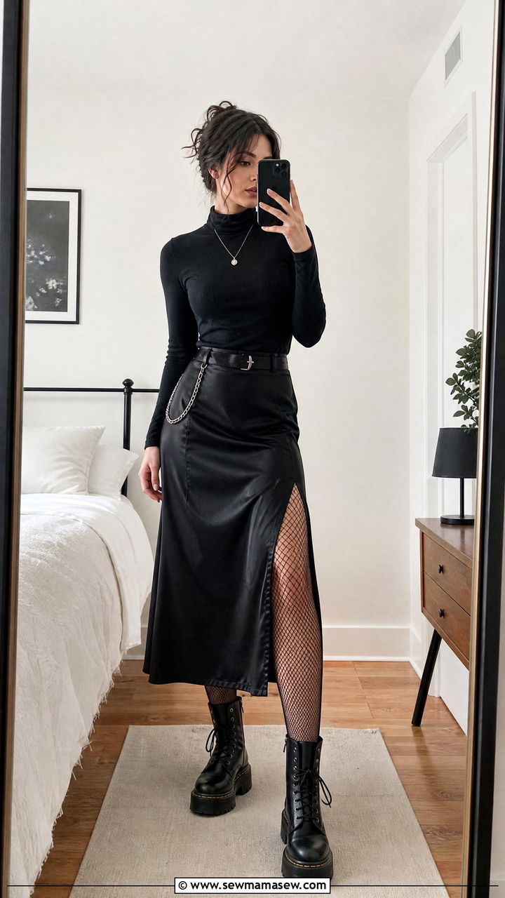 Fishnet Tights With A Midi Skirt - 25 classy grunge outfit ideas