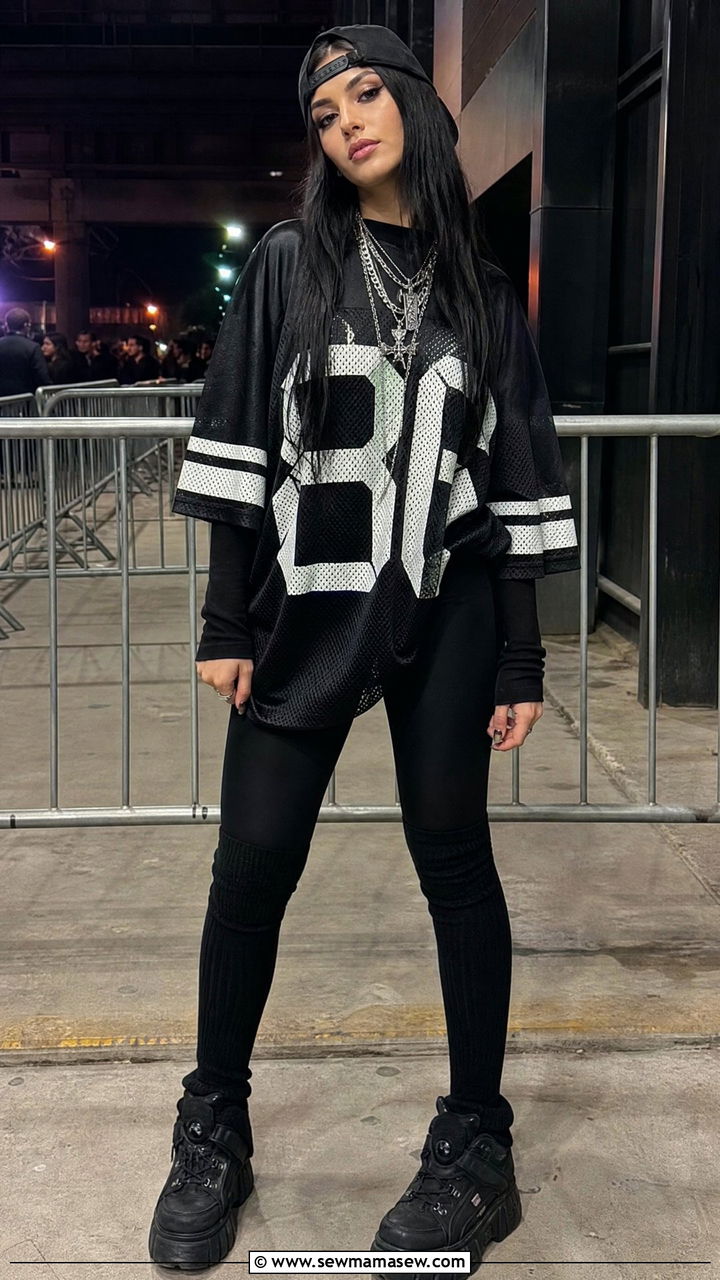 Fishnet Tights With Oversized Jersey And Thigh High Socks - 35 Billie Eilish concert outfit ideas