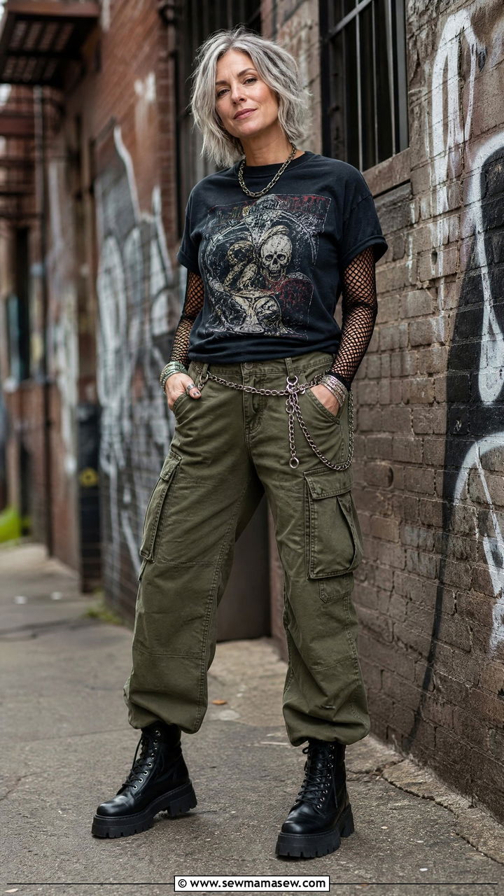 Fishnet Top Layered Under a Graphic Tee with Cargo Pants - 25 grunge outfit ideas for women over 40