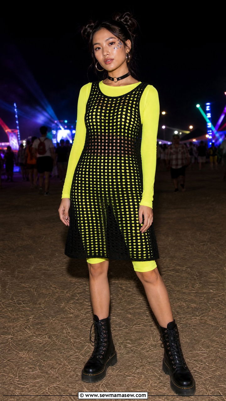 Fishnet dress over bikini with combat boots - 35 Bonnaroo outfit ideas