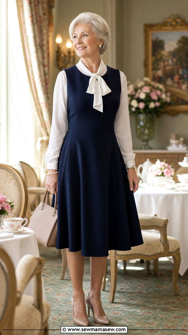Fit And Flare Dress With A Bow Blouse Underneath - 25 Dress outfit ideas for women over 60