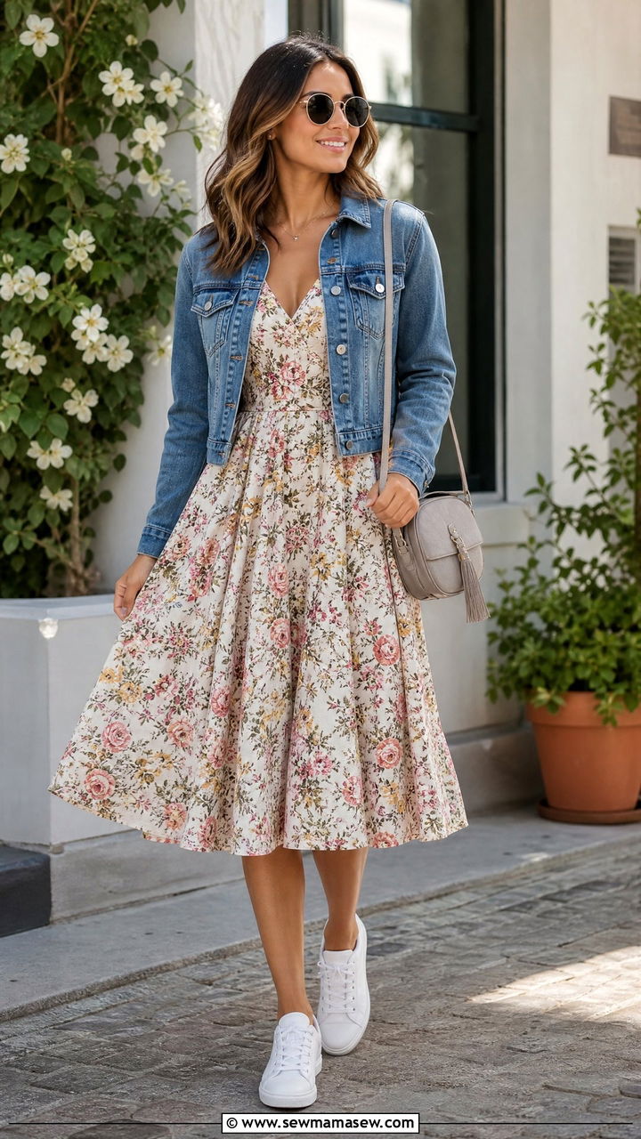 Fit And Flare Dress With Cropped Denim Jacket - 25 Outfits for wide shoulders