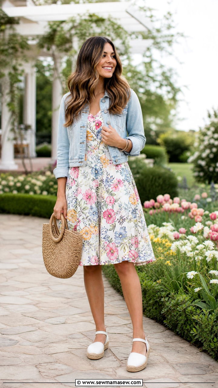 Fit And Flare Dress With Denim Jacket - 25 casual outfits for rectangle body shape