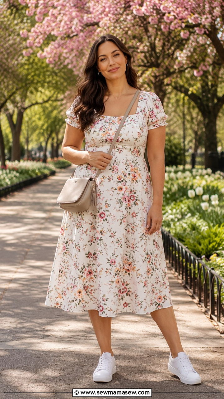 Fit And Flare Midi Dress With Ballet Flats - 20 spring outfits for women with wide hips