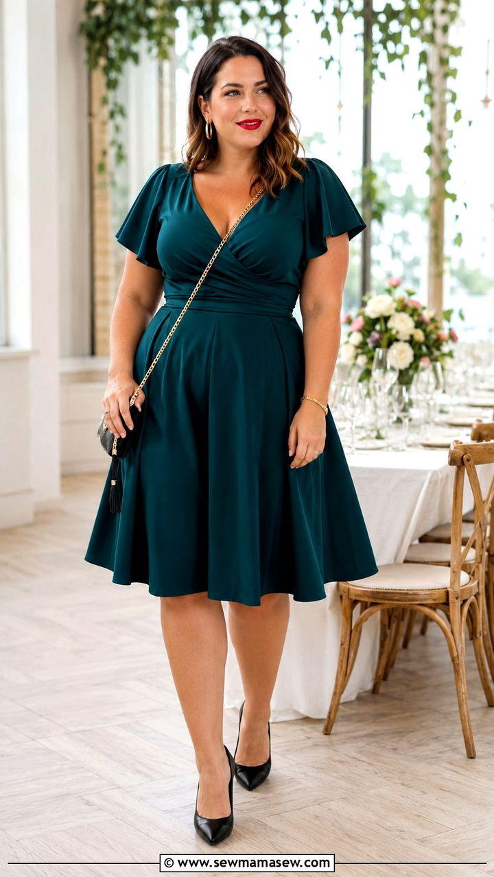 Fit and Flare Dress With A Bold Lip - 25 Wedding guest outfit ideas size 14
