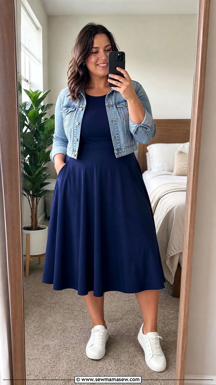 Fit and Flare Dress with Jean Jacket for Wide Hips - 25 casual outfits for women with wide hips