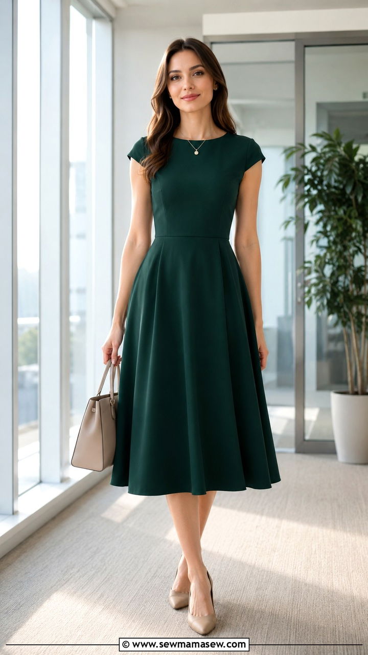 Fit and Flare Dress with Structured Shoulders - 20 work outfits for women with wide hips