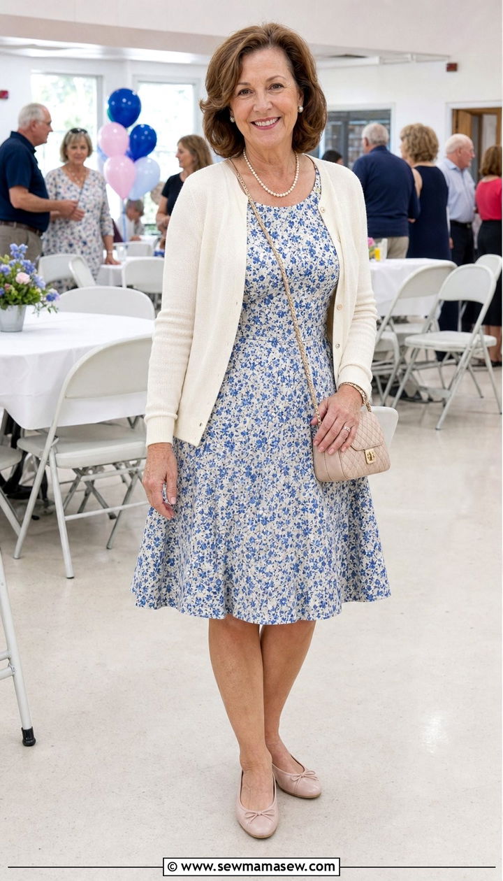 Fit and Flare Dress with a Cardigan and Ballet Flats - 25 Family reunion outfit ideas for women over 50