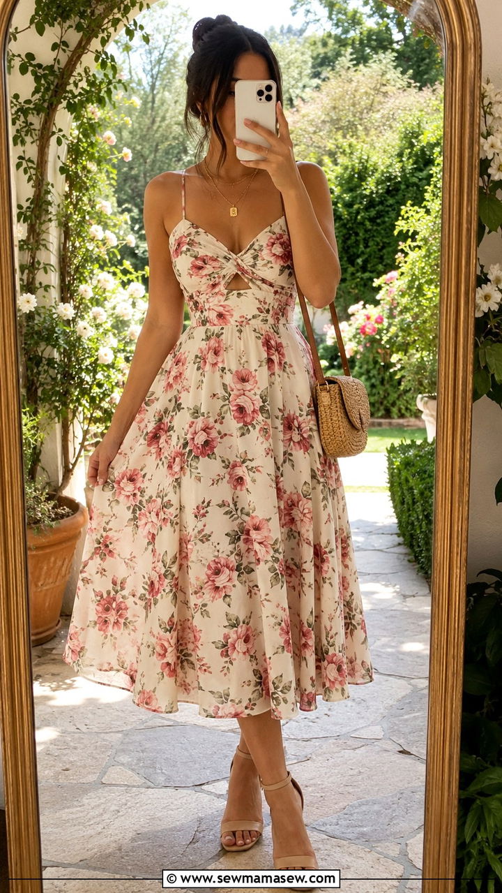 Fit and Flare Midi Dress with Block Heel Sandals Outfit - 25 Outfit ideas for hourglass figure 2026