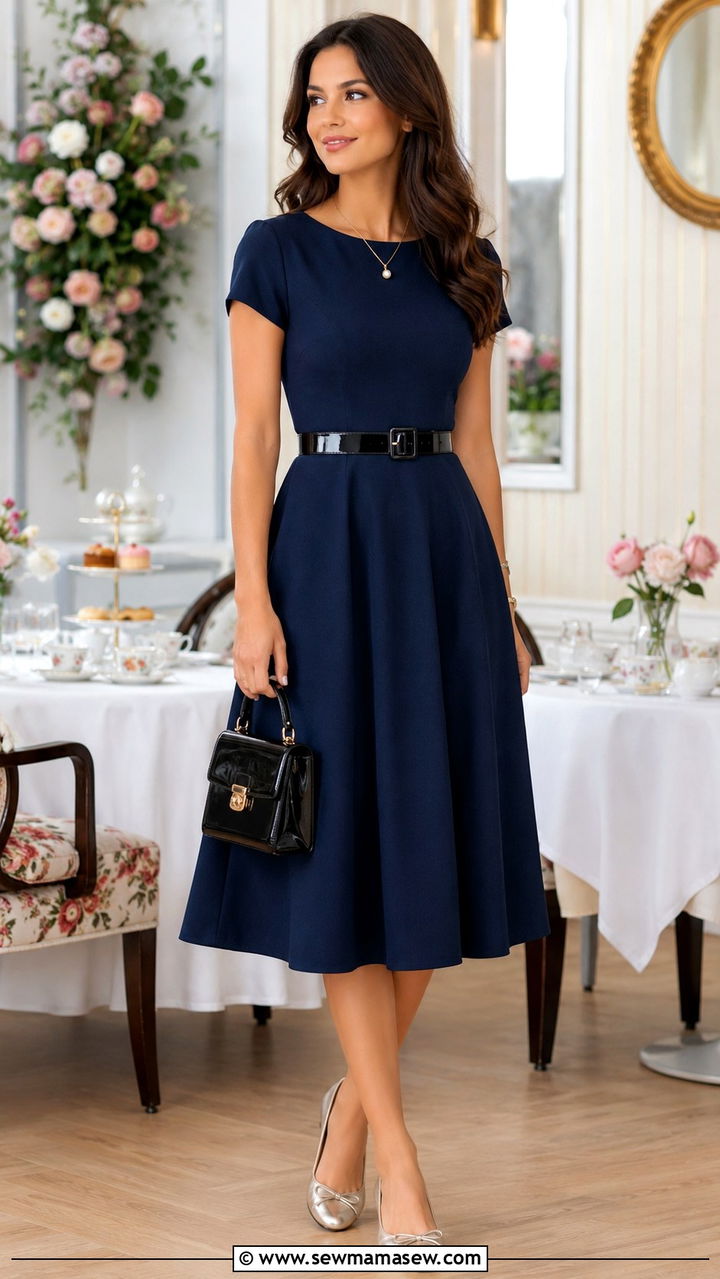 Fit and Flare Midi Dress with Patent Leather Belt and Ballet Flats - 30 Midi dress outfit ideas with a belt