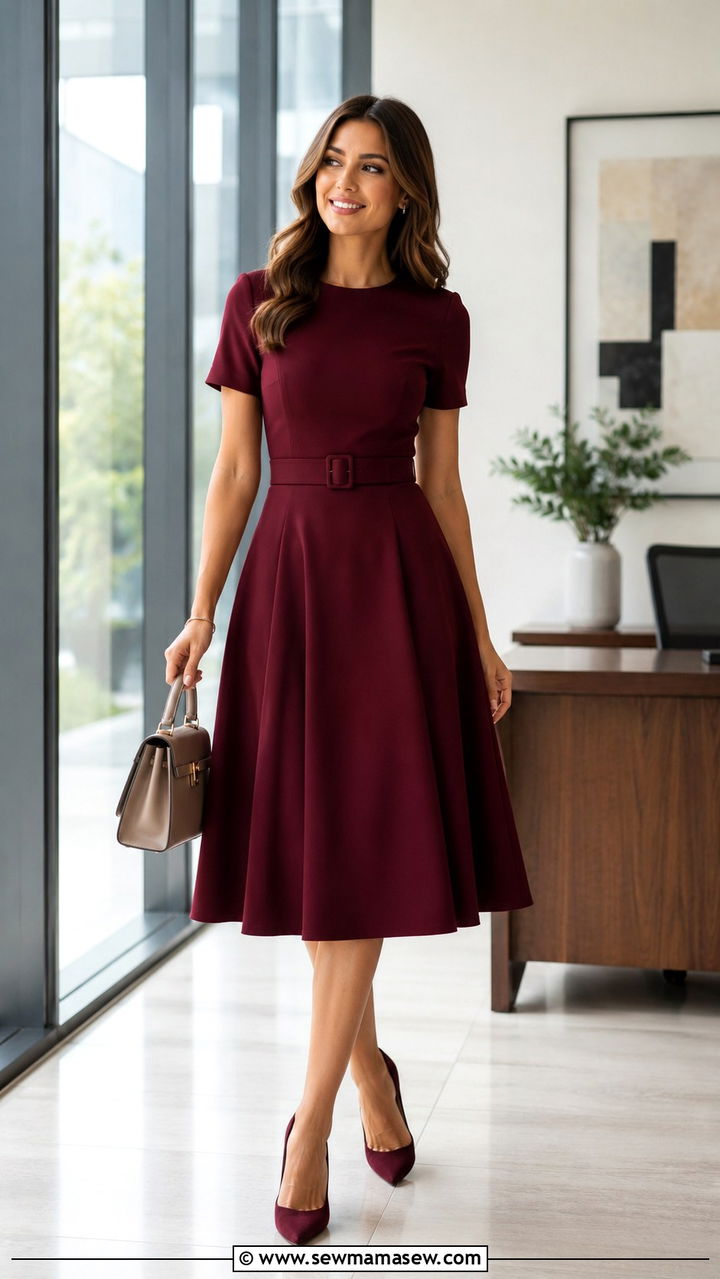 Fit and Flare Midi Dress with Pumps - 25 work outfits for rectangle body shape