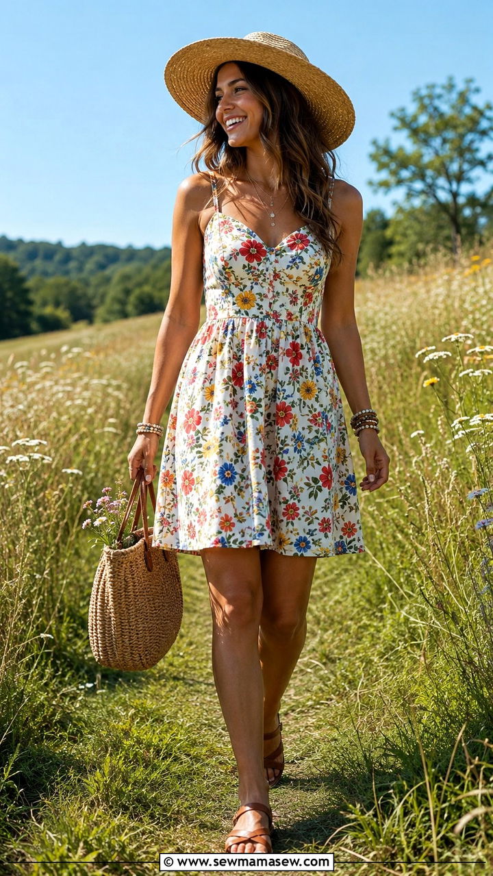 Fit and Flare Sundress with Flat Sandals - 25 Outfit ideas for rectangle body summer