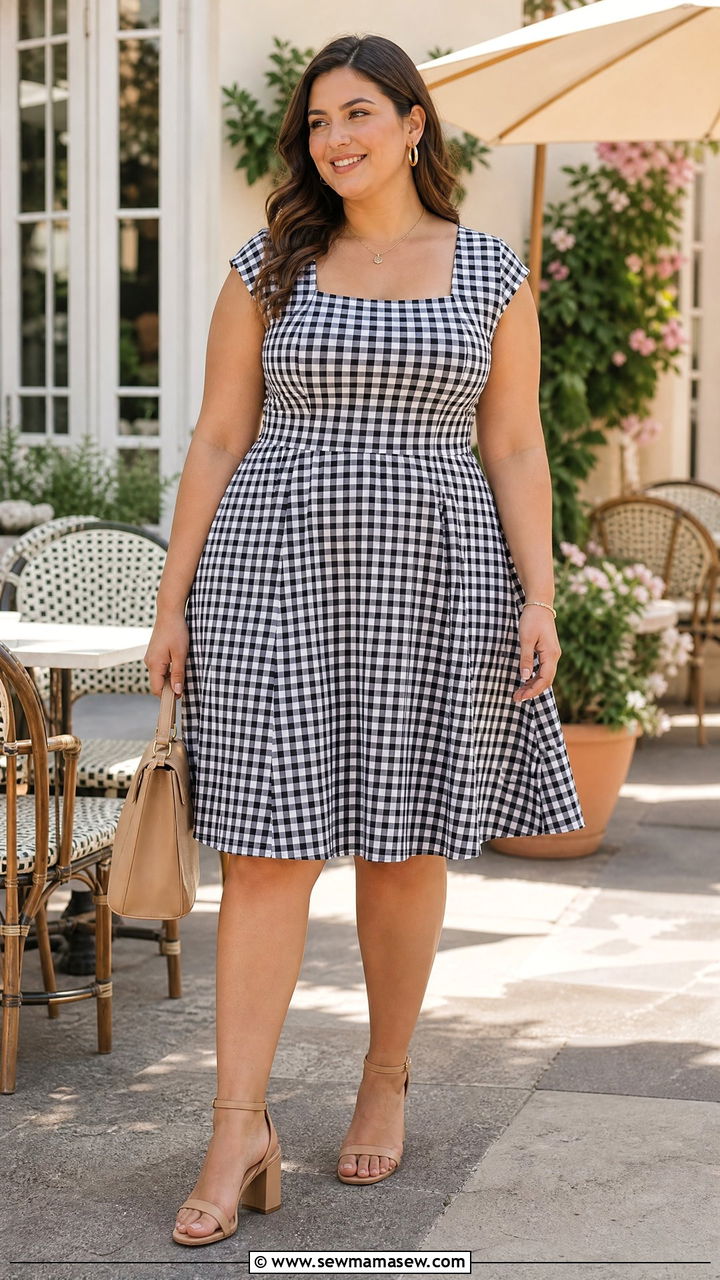 Fit and flare dress with block heel sandals - 25 spring outfits for apple shaped body
