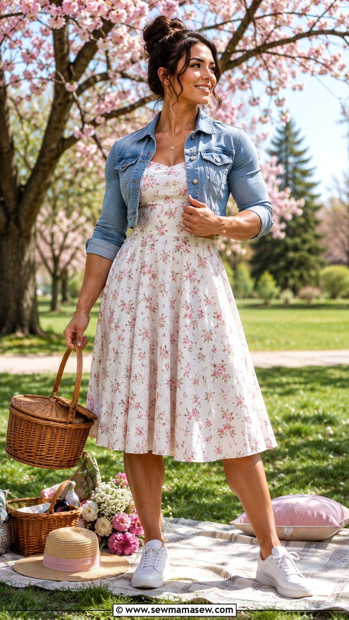 Fit and flare midi dress with a cropped denim jacket - 25 Outfit ideas for muscular women