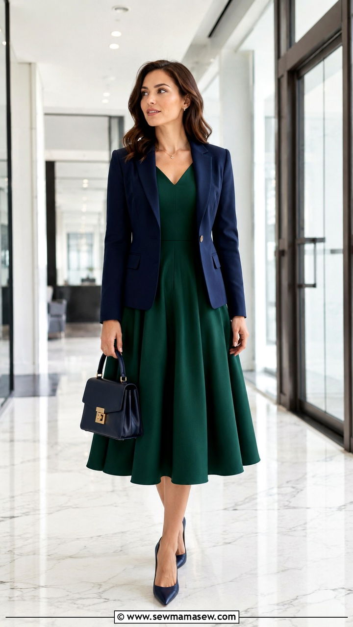 Fit and flare midi dress with tailored blazer and heels - 30 Spring outfits with midi dresses