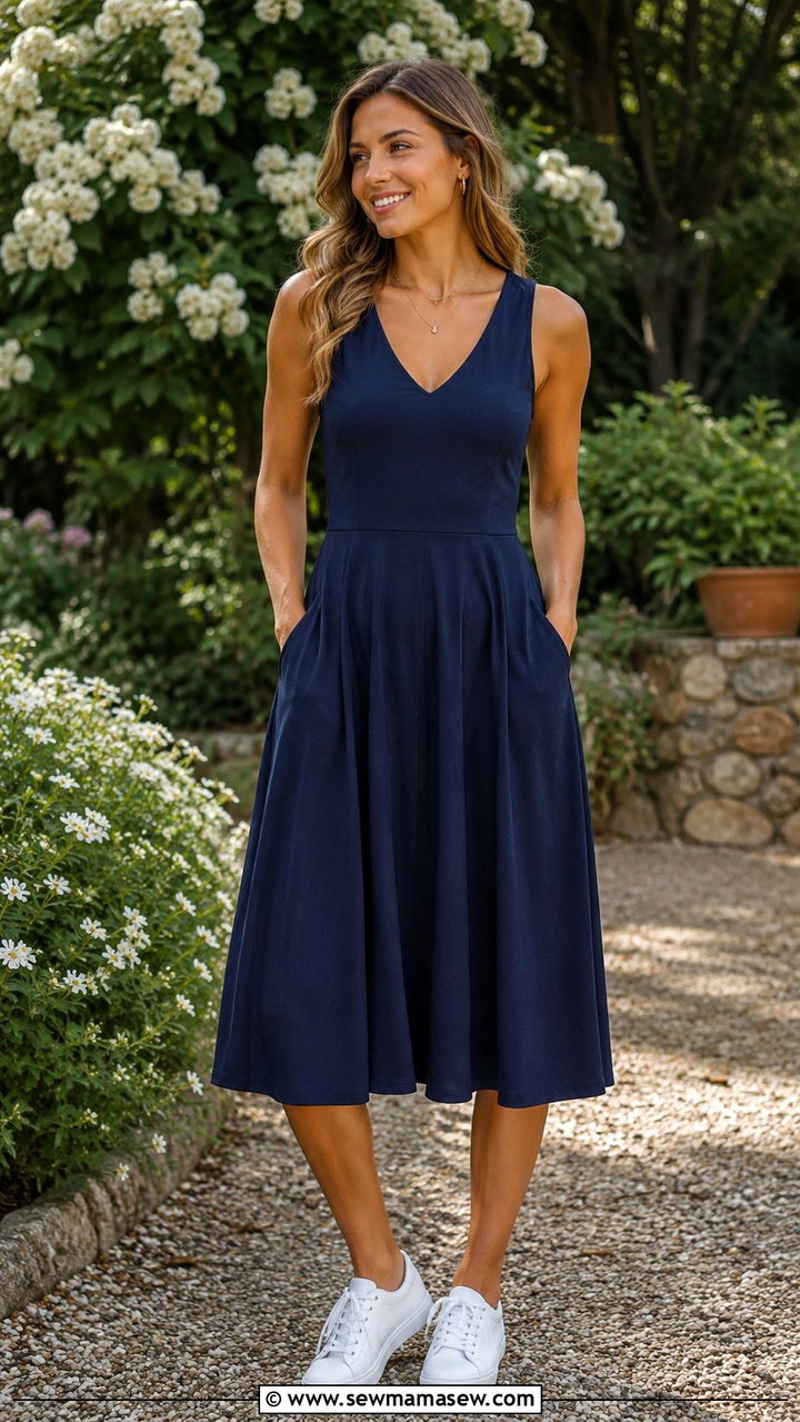 Fit and flare midi dress with white sneakers - 30 Outfit ideas for athletic build