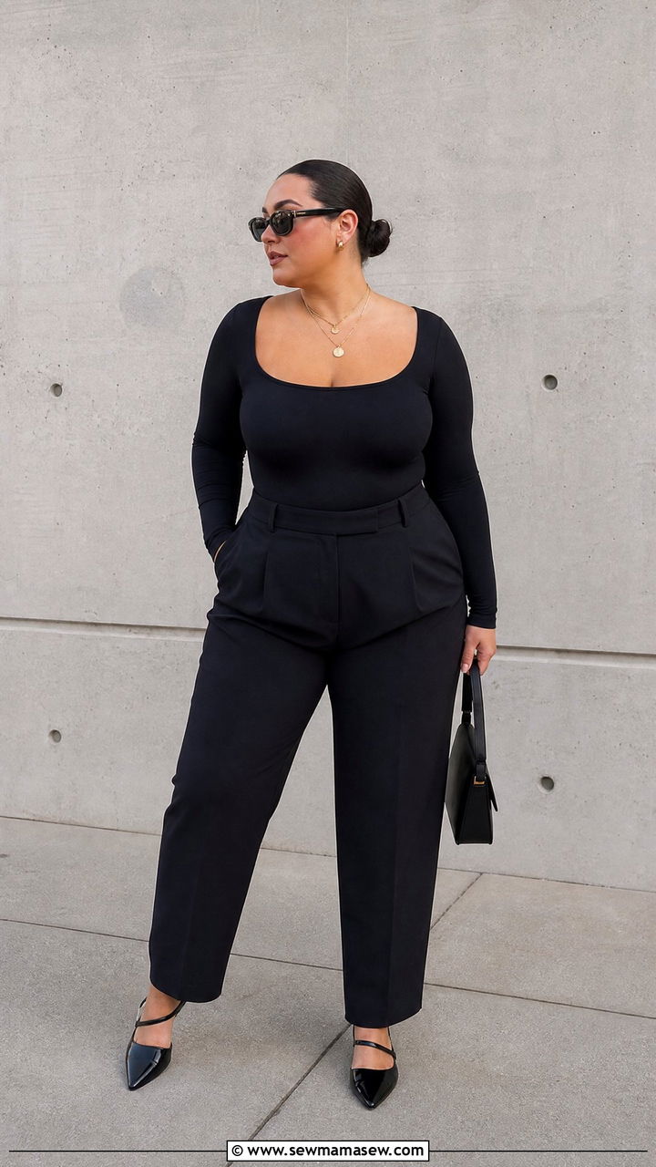 Fitted Black Bodysuit and High Waisted Trousers - 30 Clean girl outfits plus size