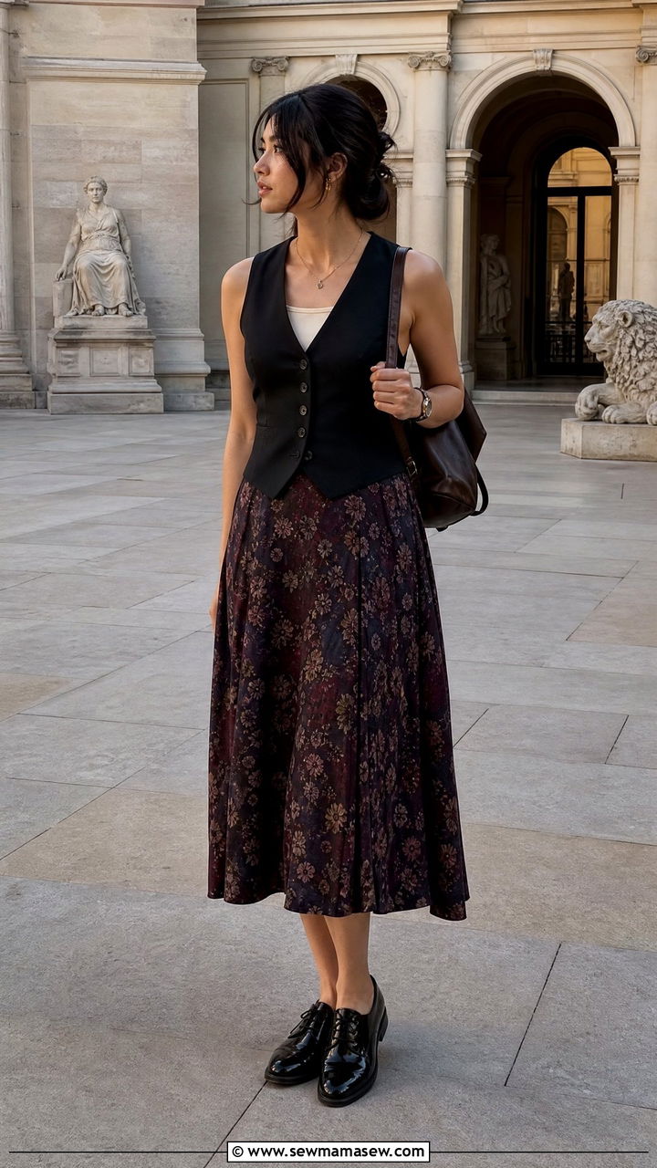 Fitted Black Waistcoat with Floral Midi Skirt - 30 summer dark academia outfits