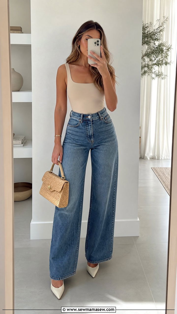 Fitted Bodysuit And Wide Leg Jeans Outfit Summer - 25 How to style wide leg jeans in summer