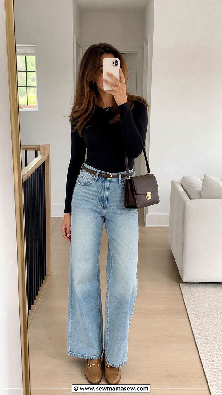 Fitted Bodysuit And Wide Leg Jeans With Loafers - 25 Wide leg jeans outfit ideas with loafers