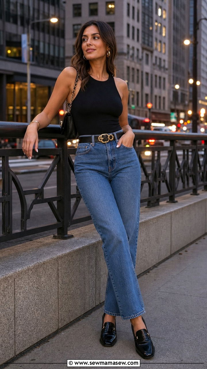 Fitted Bodysuit With Straight Leg Jeans And Heeled Loafers - 25 Straight leg jeans outfit ideas with loafers