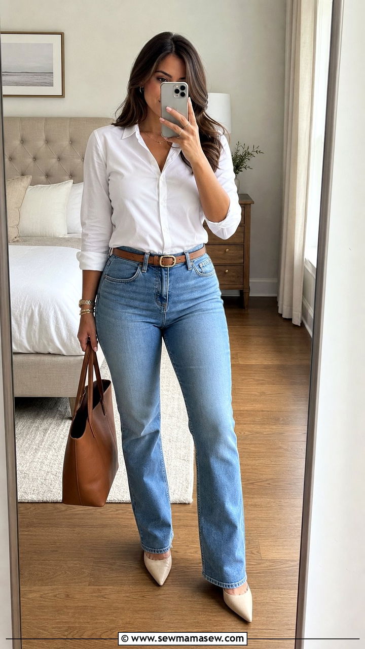 Fitted Button Down Shirt with High Waisted Jeans and Belt - 25 spring outfits for hourglass body