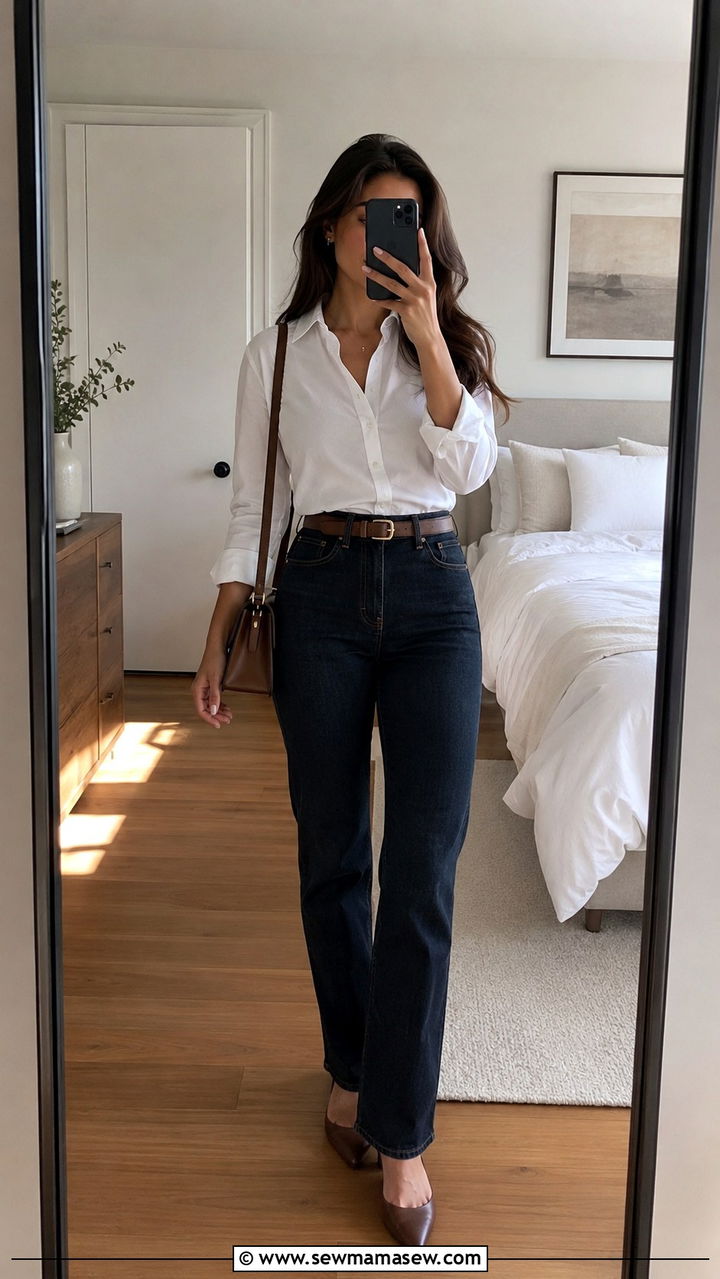 Fitted Button Down with High Waisted Straight Jeans - 30 Petite outfit ideas with hourglass figure