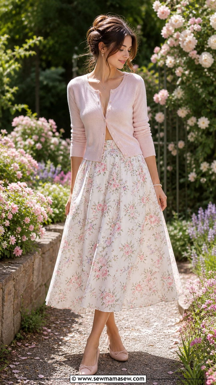 Fitted Cardigan with Floral Midi Skirt and Ballet Flats - 40 casual cardigan outfits