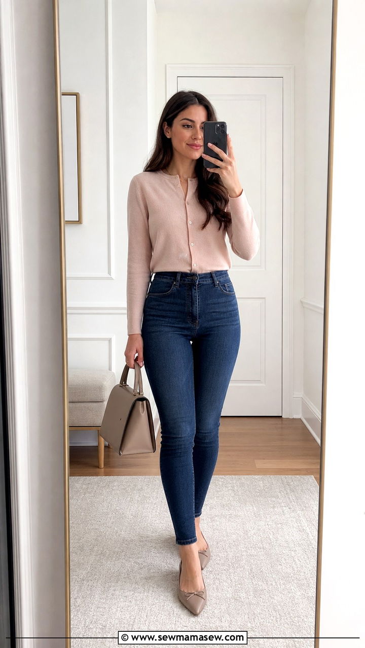 Fitted Cardigan with High Waisted Skinny Jeans - 40 First day of spring outfits