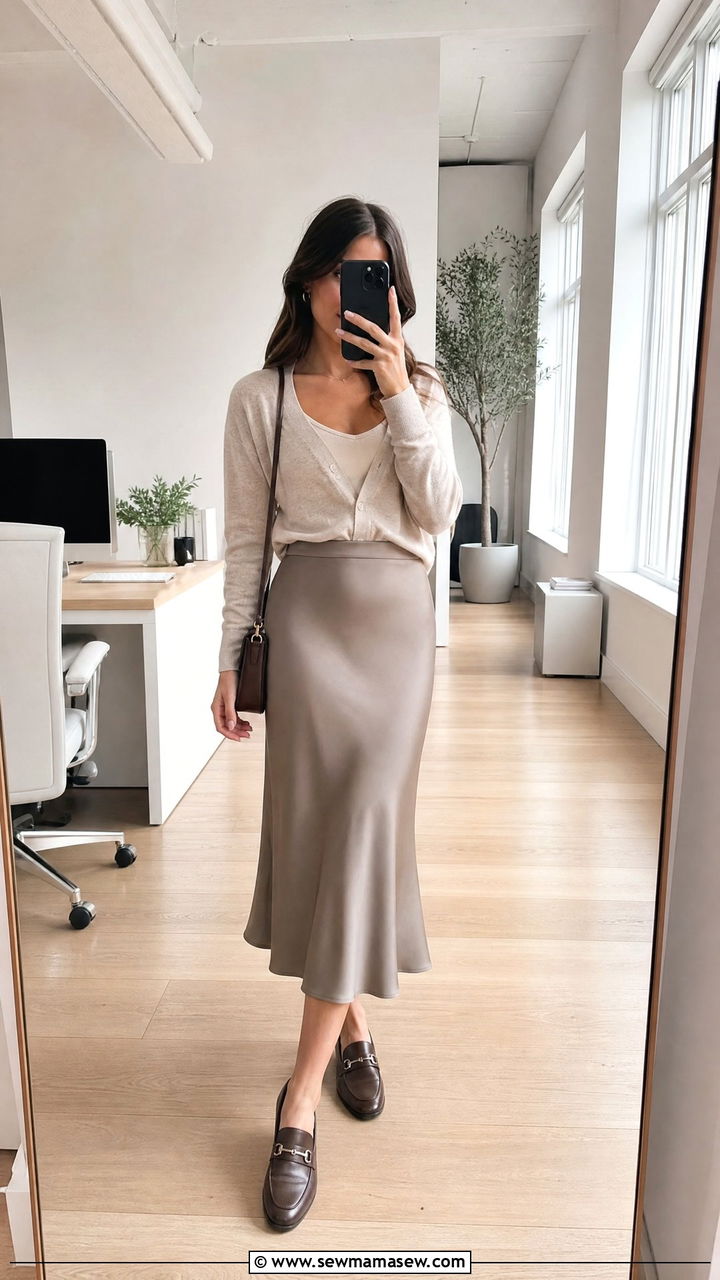 Fitted Cardigan with Slip Midi Skirt and Loafers - 25 How to style a midi skirt for work