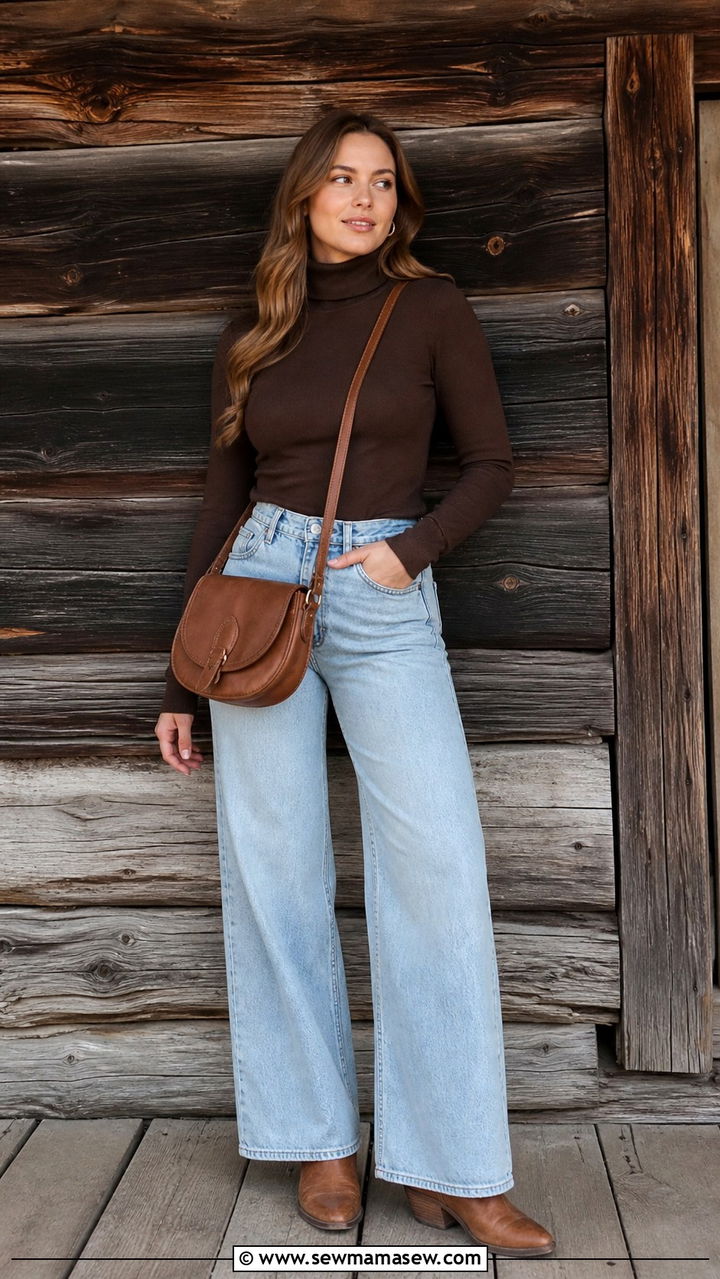 Fitted Cashmere Turtleneck with Wide Leg Jeans and Western Boots - 40 Cozy spring outfits