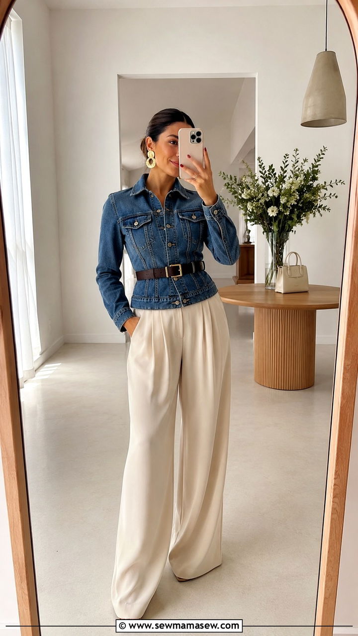 Fitted Denim Jacket Cinched With Wide Leg Trousers - 30 Spring outfits with denim jacket