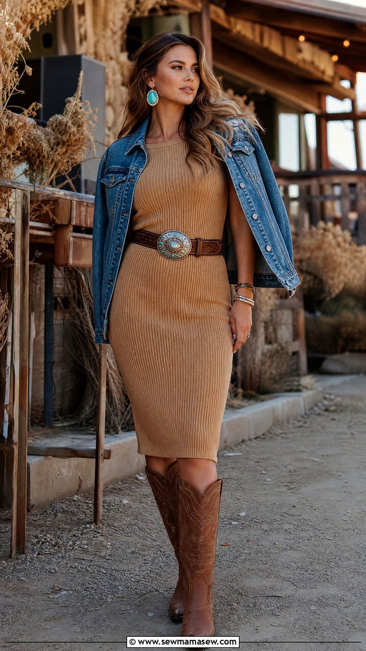 Fitted Knit Dress And Western Belt With Knee High Cowboy Boots - 30 Country concert outfit ideas with cowboy boots